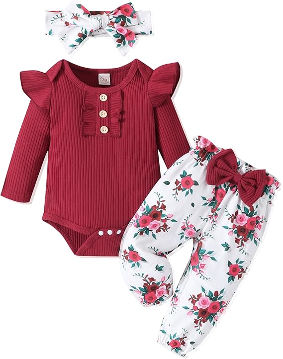Ropa para bebé niña recién nacida, mameluco con volantes + pantalones florales + bonitos conjuntos de diadema para niñas